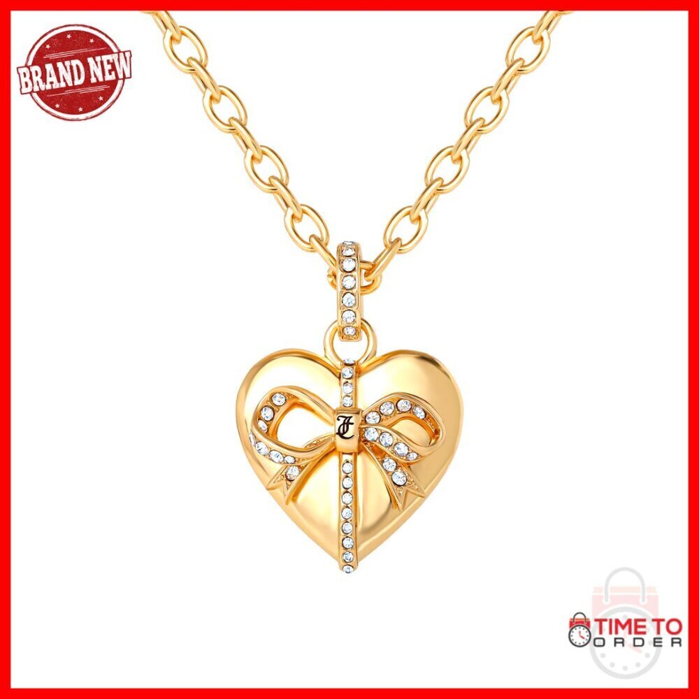 Gold-Tone Heart Pendant Necklace with Crystal Bow, 18"+3" Adjustable